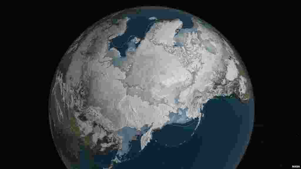 Arctic sea ice is at a record low wintertime maximum extent for the second straight year. At 5.607 million square miles, it is the lowest maximum extent in the satellite record, and 431,000 square miles below the 1981 to 2010 average maximum extent. (NASA Goddard&#39;s Scientific Visualization Studio/C. Starr)