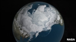 FILE - Arctic sea ice was also at a record-low wintertime maximum extent for the second straight year, at 5.607 million square miles — 431,000 square miles below the 1981-to-2010 average. (Credit: NASA Goddard's Scientific Visualization Studio/C. Starr)