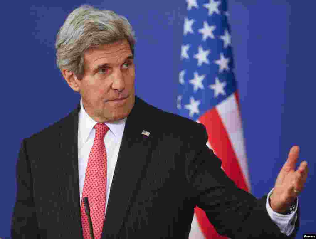 U.S. Secretary of State John Kerry speaks to the media after talks with Bulgarian Prime Minister Boyko Borisov in Sofia, Bulgaria, Jan. 15, 2015.