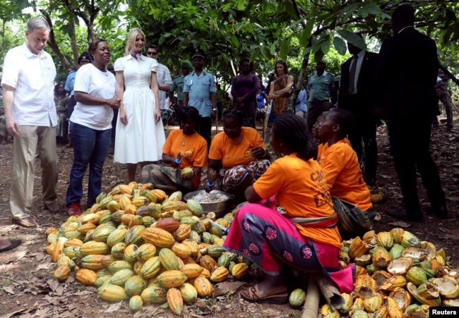 White House Advisor Ivanka Trump and U.S. Agency for International Development (USAID) Administrator Mark Green visit women entrepreneurs, at the demonstration cocoa farm in Adzope, Ivory Coast, April 17, 2019.