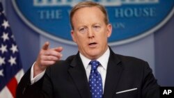 White House press secretary Sean Spicer speaks during the daily press briefing, May 9, 2017, at the White House in Washington. Spicer has been on Navy Reserve duty for two days.