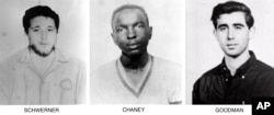 On June 29, 1964, the FBI began distributing these pictures of civil rights workers, from left, Michael Schwerner, 24, of New York, James Chaney, 21, from Mississippi, and Andrew Goodman, 20, of New York, who disappeared near Philadelphia, Miss., June 21, 1964.