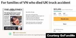 Penggalangan dana untuk membantu pemulangan jenazah warga Vietnam yang ditemukan meninggal dalam wadah beku di dekat London, Inggris, 23 Oktober 2019. (Tangkapan layar: gofundme.com)