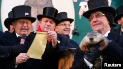 Groundhog co-handler Ron Ploucha (R) holds Punxsutawney Phil as the Groundhog Club's Bob Roberts (L) reads the famous groundhog's annual weather prediction on Gobbler's Knob in Punxsutawney, Pennsylvania, on the 127th Groundhog Day, February 2, 2013