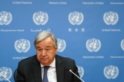 Secretary-General of the United Nations Antonio Guterres speaks to the press at United Nations headquarters in New York, Sept. 18, 2019.