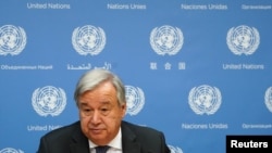 Secretary-General of the United Nations Antonio Guterres speaks to the press at United Nations headquarters in New York, Sept. 18, 2019. 