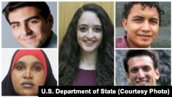 The U.S. State Department's Global Emerging Young Leaders Award winners are, clockwise, from top left, Basel Almadhoun, Hillary Briffa, Jessel Recinos Fernandez, Samuel Grzybowski and Asha Hassan.