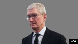 Tim Cook, as Apple CEO, graphic element on gray