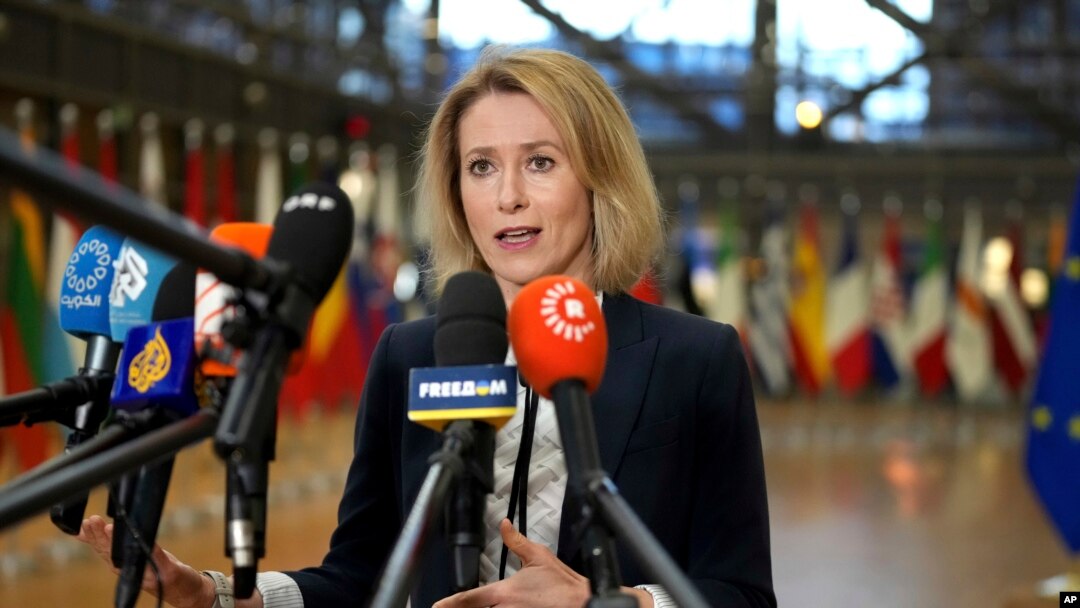 FILE - European Union foreign policy chief Kaja Kallas speaks with the media as she arrives for a meeting of EU foreign ministers at the European Council building in Brussels, Jan. 27, 2025. 