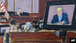 Sudski crtež video svjedočenja bivšeg predsjednika Donalda Trumpa na suđenju u New Yorku po optužbi za silovanje. (Foto: AP/Elizabeth Williams)