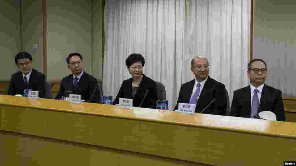 From left, Hong Kong's Chief Executive Office director Edward Yau, Secretary for Justice Rimsky Yuen, Chief Secretary for Administration Carrie Lam, Secretary for Constitutional and Mainland Affairs Raymond Tam and Undersecretary for Constitutional and Ma