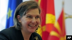 US State Department spokeswoman Victoria Nuland gestures during a meeting in Skopje, Macedonia, April 2008. (file photo)