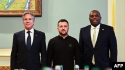 US Secretary of State Antony Blinken (L), Ukraine's President Volodymyr Zelensky and Britain's Foreign Secretary David Lammy attend a meeting in Kyiv, on September 11, 2024, amid the Russian invasion on Ukraine.