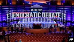 The stage of the first U.S. 2020 presidential election Democratic candidates debate is seen before the first 10 of 20 total Democrats take to the stage at the Adrienne Arsht Performing Arts Center in Miami, June 26, 2019. 