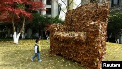 A child walks to an installation made from fallen leaves by college students, in shape of a sofa, to call for people's attention to environment protection, in Hangzhou, Zhejiang province, China, Dec. 6, 2016.