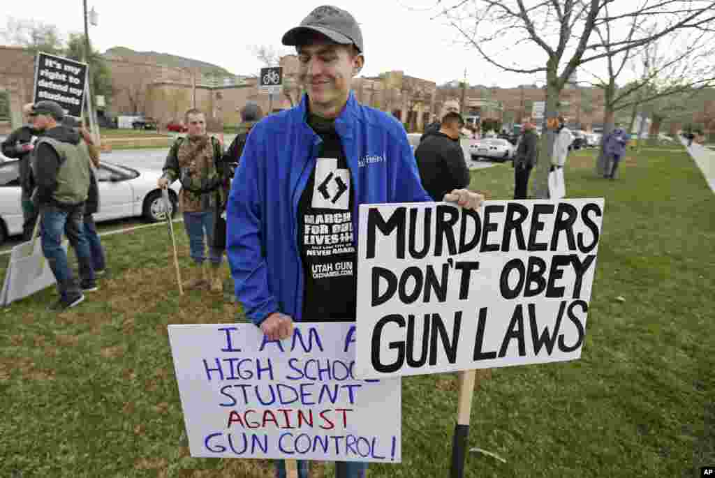 Levi Rodas, 16, from Orem High School, is shown during a pro-gun march, March 24, 2018, in Salt Lake City.