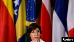 Menteri Luar Negeri Prancis Catherine Colonna menghadiri konferensi pers mengenai krisis pangan global di Berlin, Jerman, pada 24 Juni 2022. (Foto: Pool via Reuters/John MacDougall)