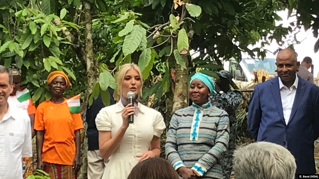 Ivanka Trump mengumumkan investasi untuk pemberdayaan perempuan pada industri cokelat di Pantai Gading, 17 April 2019. 