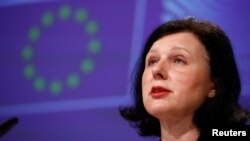 European Commission Vice-President Vera Jourova holds a news conference after a meeting in Brussels, Belgium on April 29, 2020