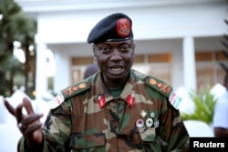 FILE - Army chief General Ousman Badjie is pictured as he arrives at the mediation meeting with the West African delegation on election crisis, in Banjul, Dec. 13, 2016.