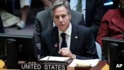 United States Secretary of State Antony Blinken speaks during a Security Council meeting.