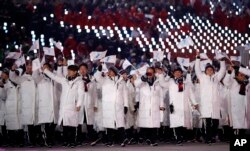 9일 강원도 평창 올림픽스타디움에서 열린 2018 평창동계올림픽 개막식에서 남북한 선수단이 한반도기를 흔들며 공동입장하고 있다.