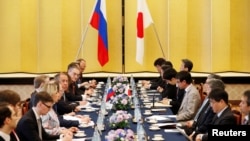 Russian Foreign Minister Sergei Lavrov speaks during a meeting with Japanese Foreign Minister Taro Kono at the Iikura Guest House in Tokyo, Japan, May 31, 2019.