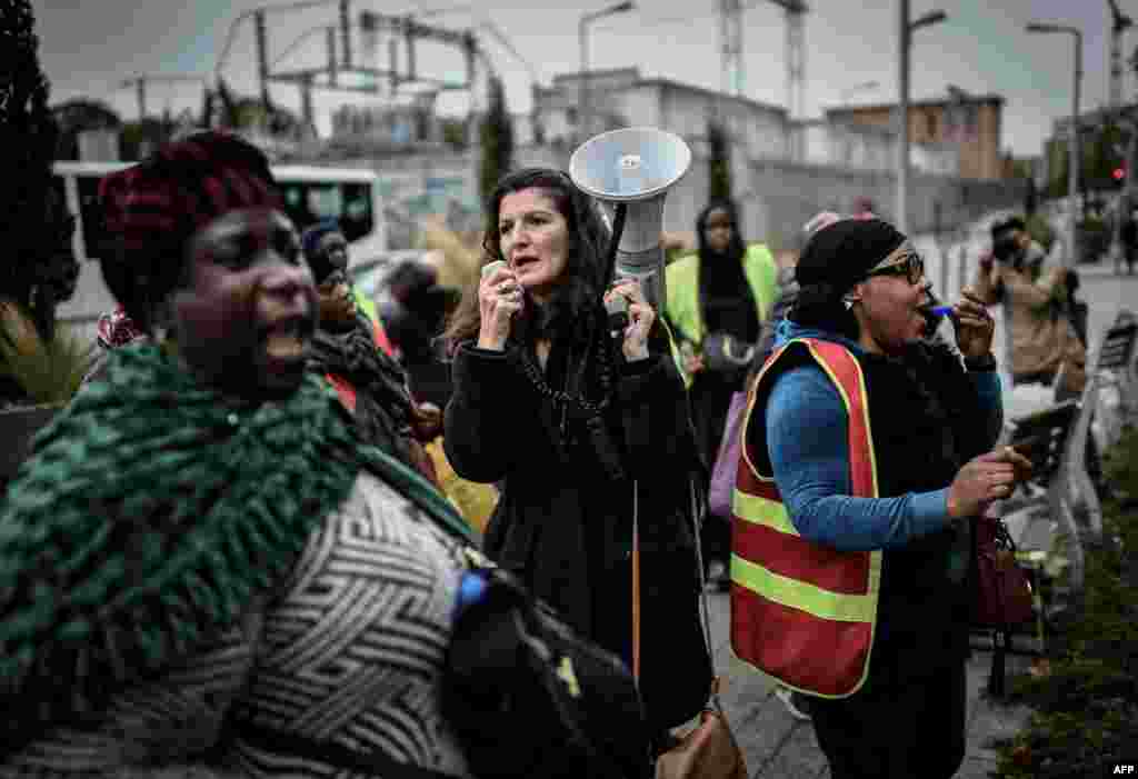 Chamber maids of the Ibis Batignolles Hotel demonstrate outside the Accor headquarters in Paris, France, to call for better working conditions.