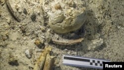 Skeletal remains are seen at the bottom of the sea at the area of an ancient shipwreck near the island of Antikythera, Greece, Sept. 6, 2016. 