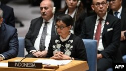 Menteri Luar Negeri RI Retno Lestari Priansari Marsudi, berbicara dalam pertemuan Dewan Keamanan PBB mengenai situasi di Timur Tengah dan perang Israel-Hamas di markas besar PBB di New York, Rabu 29 November 2023. 