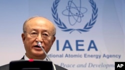 아마노 유키야 국제원자력기구(IAEA) 사무총장이 5일 오스트리아 빈에서 열린 정기이사회 개막연설을 하고 있다.