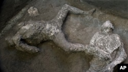 The casts of what are believed to have been a rich man and his male slave fleeing the volcanic eruption of Vesuvius nearly 2,000 years ago, are seen.