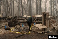FILE _ A Butte County Sheriff deputy places yellow tape at the scene where human remains were found during the Camp Fire in Paradise, California, Nov. 10, 2018.