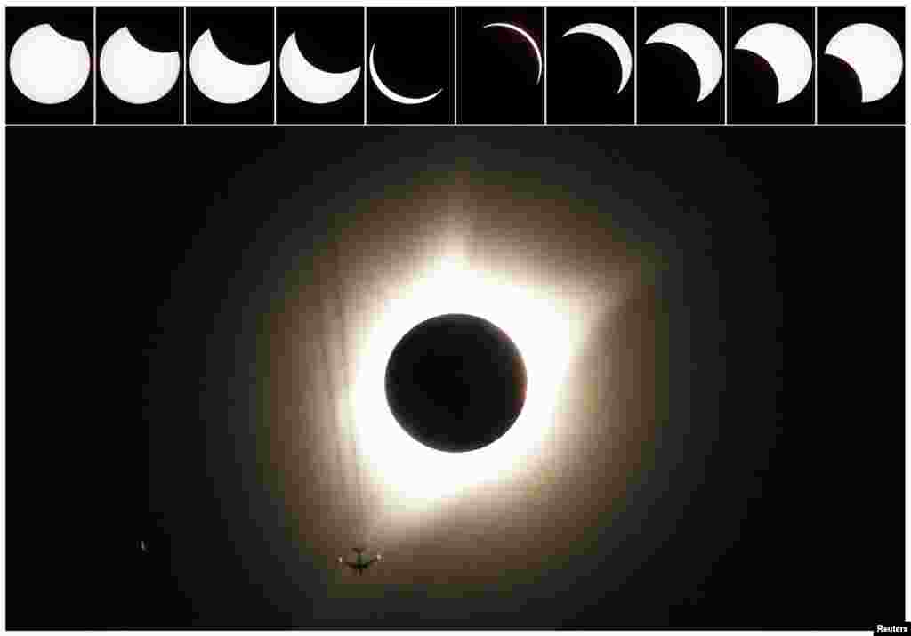 10 ფოტოს კომპოზიცია, რომელიც მზის სრული დაბნელების პროგრესს და შემდეგ რეგრესს აჩვენებს. ვაიომინგის შტატი.&nbsp;