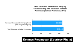 Kekerasan terhadap istri berujung cerai (data Pengadilan Agama) mencapai 96 persen dari total kekerasan terhadap perempuan pada 2017. (Sumber: Komnas Perempuan 2017)