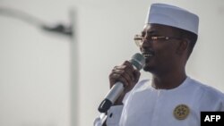 FILE—Chad's transitional incumbent president and presidential candidate General Mahamat Idriss Deby delivers his speech during the launch of his presidential campaign ahead of the May 6, 2024 Chadian presidential election in N’Djamena, on April 14, 2024. 