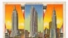  This image provided by the Museum of the City of New York shows a postcard featuring the Empire State Building, from left, the RCA Building, and the Chrysler Building. (Museum of the City of New York via AP)