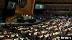 Palestinian Ambassador to the United Nations Riyad Mansour addresses a United Nations General Assembly meeting ahead of a vote on a draft resolution that would deplore the use of excessive force by Israeli troops against Palestinian civilians at U.N. headquarters in New York, June 13, 2018.