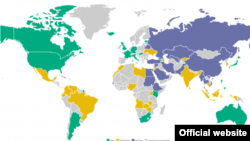 華盛頓智庫自由之家的年度《互聯網自由報告》，綠色地區指有互聯網自由的國家。