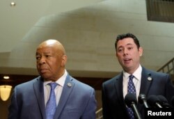 FILE - House Oversight Committee Chairman Jason Chaffetz, R-Utah, right, and Rep. Elijah Cummings, D-Md., speak about the failure of former national security adviser Michael Flynn to disclose payments for a 2015 speech in Moscow on a security clearance application, in Washington, April 25, 2017.