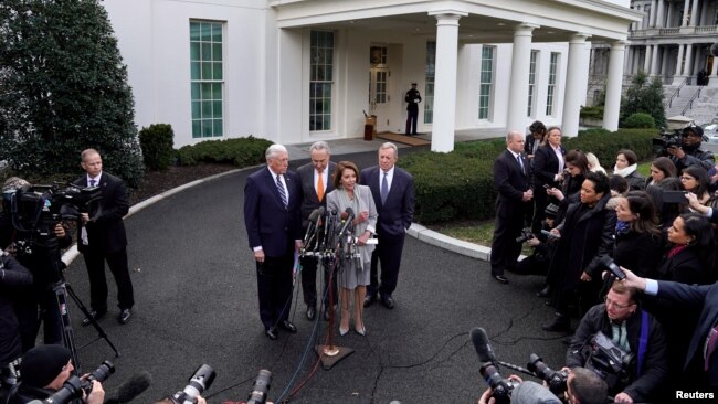 From left, House Majority Leader Steny Hoyer, Senate Minority Leader Chuck Schumer, Speaker of the House Nancy Pelosi (D-CA) and Senator Dick Durbin speak after meeting on the 19th day of a partial government shutdown with President Donald Trump at the White House.