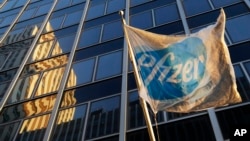 A Pfizer flag is displayed in front of world headquarters in New York, Nov. 23, 2015.