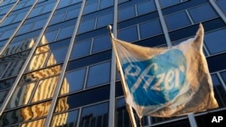 A Pfizer flag is displayed in front of world headquarters in New York, Nov. 23, 2015.