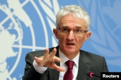 FILE - U.N. Under-Secretary-General for Humanitarian Affairs and Emergency Relief Coordinator (OCHA) Mark Lowcock attends a news conference for the launch of the "Global Humanitarian Overview 2019" at the United Nations in Geneva, Switzerland, Dec. 4, 2018.