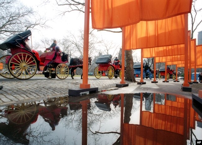 FILE - Horse drawn carriages and "The Gates" are shown in Central Park Tuesday, Feb. 15, 2005, in New York. (AP Photo/Mark Lennihan)