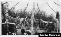 Sun Dance, Shoshone tribe at Fort Hall, 1925. The dance, criminalized in 1880s, sometimes involved being pierced and suspended by pieces of bone, an act of self-sacrifice for the greater good of the community.