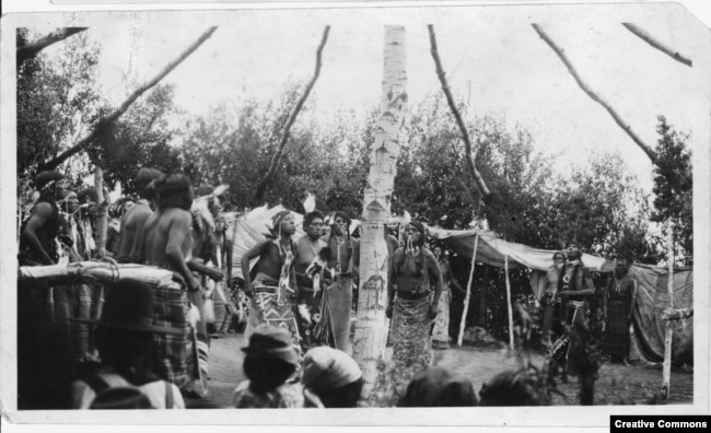 Sun Dance, Shoshone tribe at Fort Hall, 1925. The dance, criminalized in 1880s, sometimes involved being pierced and suspended by pieces of bone, an act of self-sacrifice for the greater good of the community.