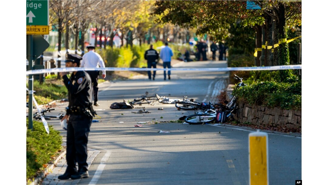 Bicycles and debris lay on a bike path after a motorist drove onto the path near the World Trade Center memorial, striking and killing several people, Oct. 31, 2017, in New York.