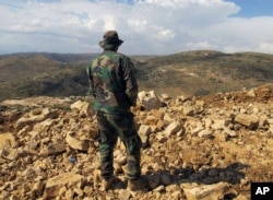 FILE - Hezbollah fighter looks toward Syria while standing in the fields of the Lebanese border village of Brital, Lebanon.