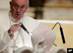 Pope Francis delivers his message inside the Cathedral Santa Maria del Fiore during his visit to Florence, Italy, Nov. 10, 2015.